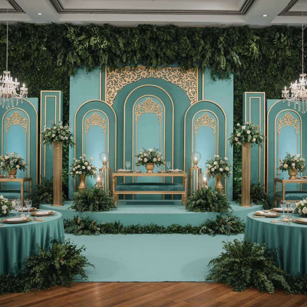 Decorative event setup in green, teal and gold tones