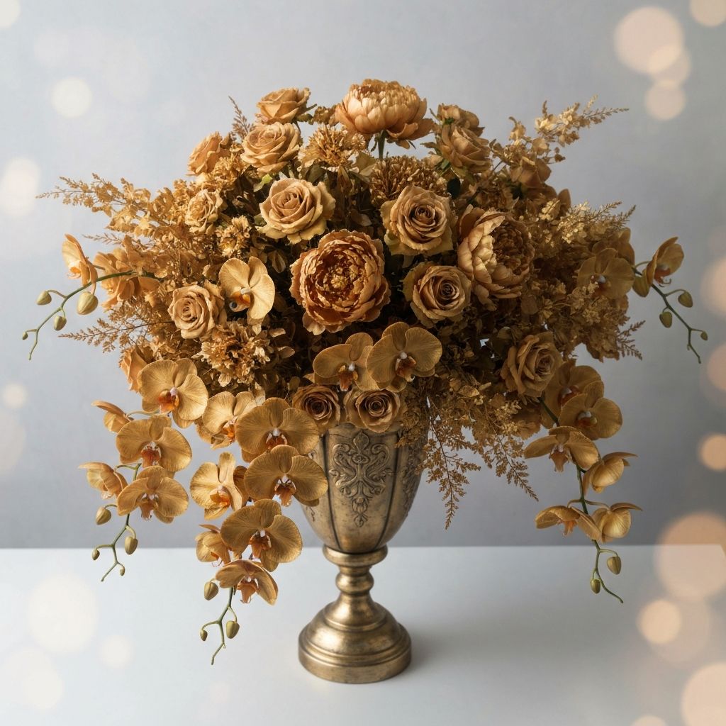 Luxury event centerpiece with flowers and gold accents